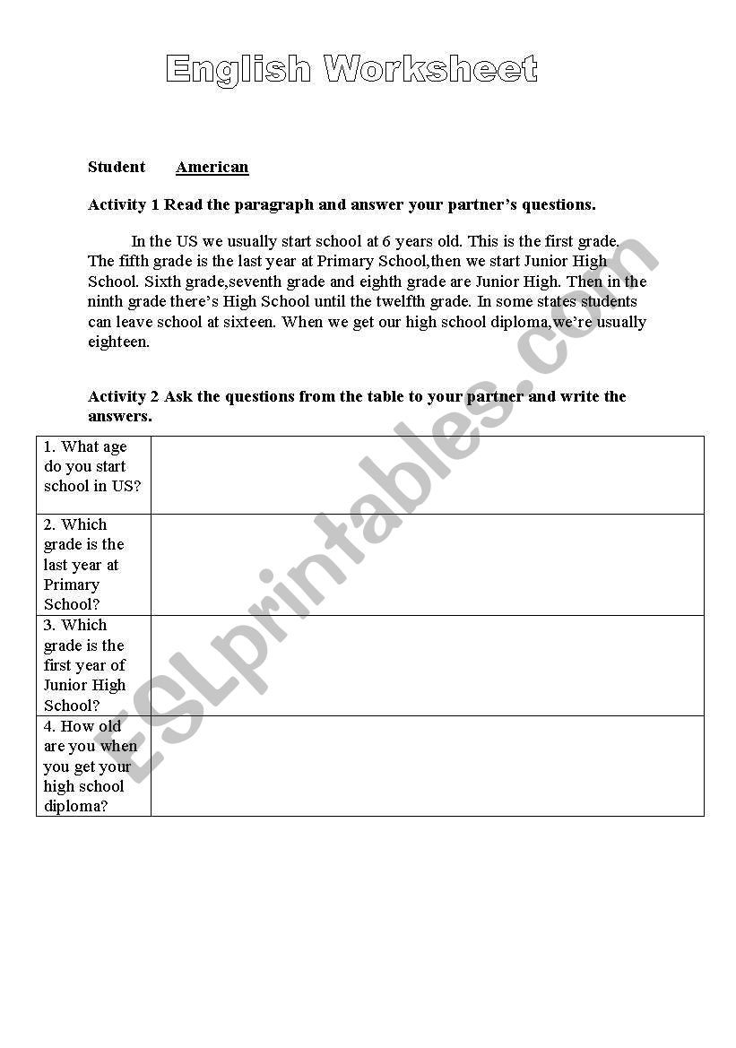 Worksheet-American/Irish Students` Education System